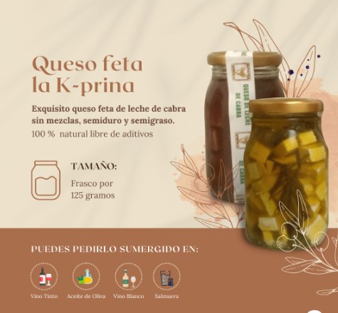 Etiqueta del queso feta La K-prina: exquisito queso feta de leche de cabra sin mezclas, semiduro y semigraso; 100 % natural libre de aditivos; frasco por 125 gramos
